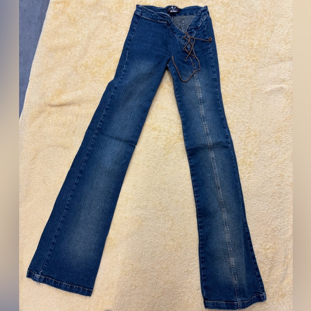 Elegant Rare Vintage Denim Flare Jeans with Lace-Up Detail